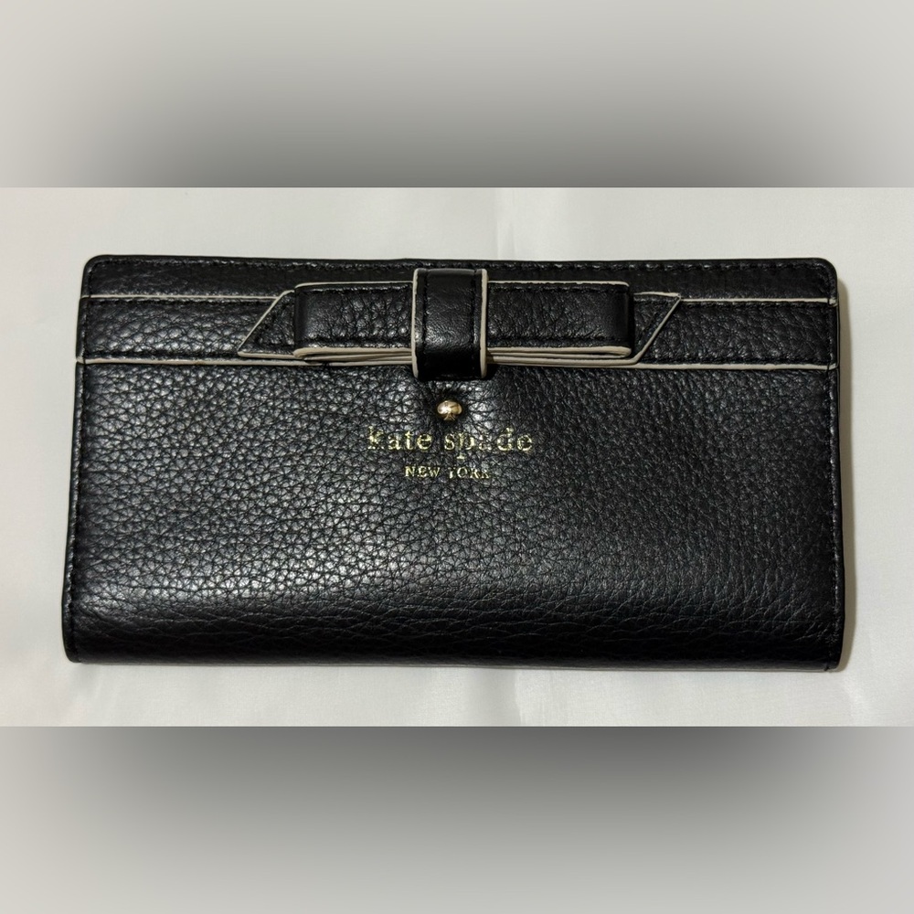 kate spade Black Pebbled Leather Wallet with Bow Accent